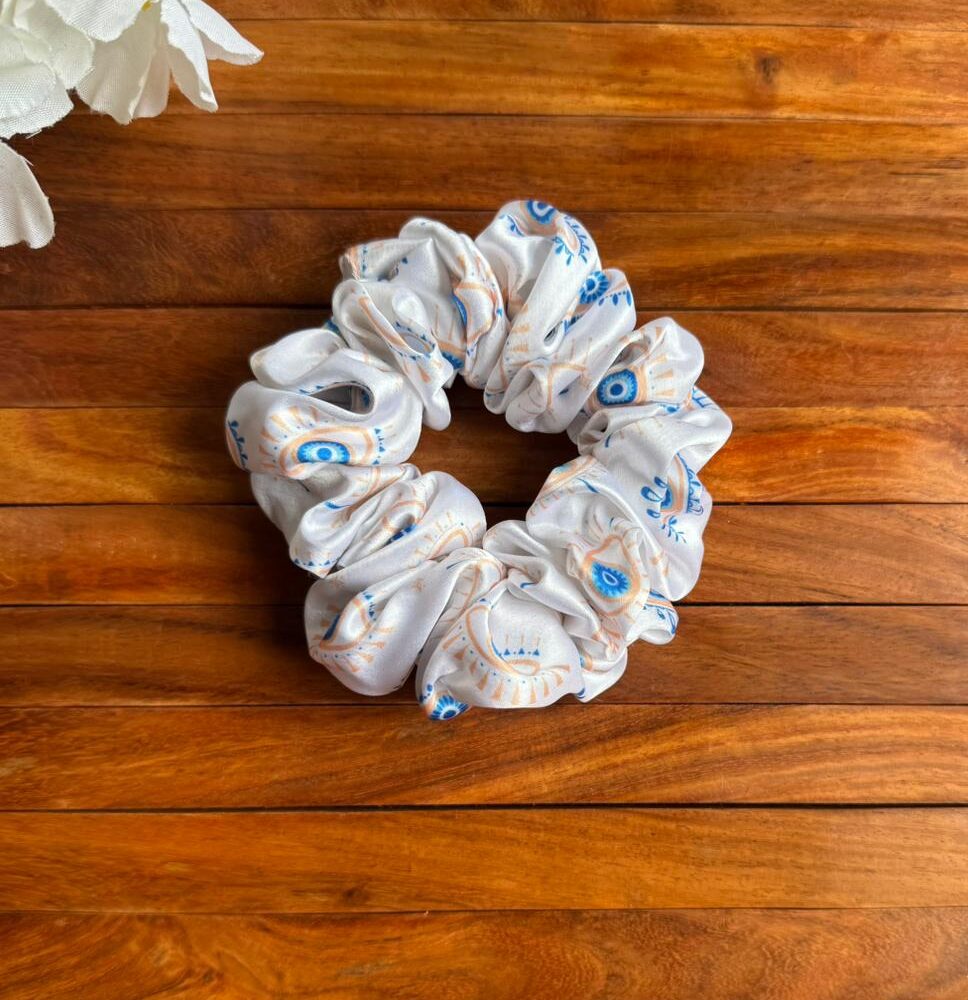 Satin Scrunchies Evil Eye White
